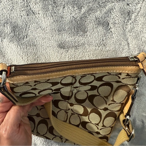 Coach Signature Logo Canvas Mini Crossbody Bag Tan & Brown Zipper Closure - Picture 10 of 12